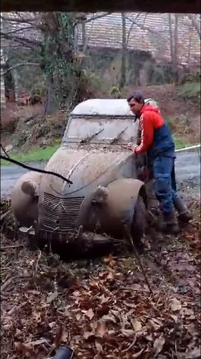 Sortie de grange de la 2cv après 40 ans d’arrêt 🥰#2cv #citroen #mecanique #pote #passion #neige #plaisir