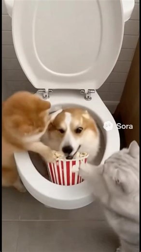 Corgi Caught Eating Popcorn in the Toilet! Cats Go Wild! 🚽🐶🐱💥#cute #cctv #cat #dog