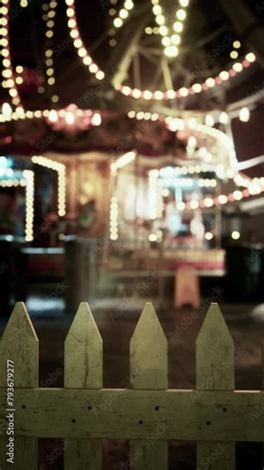 An old, abandoned carnival ride captured in a blurry image, lit up by multiple lights, set against the darkness of a deserted amusement park at night.
