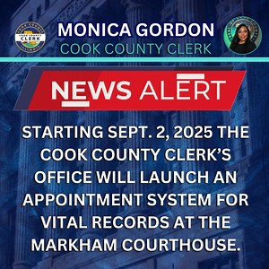 📢Attention South Suburban Residents! We’re introducing an appointment system for Vital Records services at the Markham Courthouse starting Sept. 2! This change will help reduce wait times and make it more convenient for you to get birth, death, marriage, and other records. 📅 Book your appointment online at cookcountyclerk.com — same-day or in advance. Your time matters, and we’re here to make every visit smoother. ❤️ #CookCountyClerk #MonicaGordon #VitalRecords #BetterService | Cook County Cle