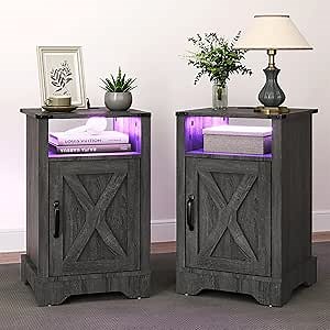 RoyalCraft Farmhouse Nightstand, End Table with LED Lights and Charging Station, Tall Bedside Table with Large Storage and Shelf, Wooden Side Table for Bedroom, Home Office, Dark Grey