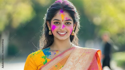 Woman with colorful face paint during festival celebration, smiling towards camera.