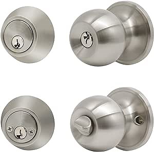 Knobonly 9 Pack Front Exterior Door Knob Set with Double Cylinder Deadbolts in Satin Nickel Finish, Entry Door Lock Set, Keyed Alike (Same Keys)