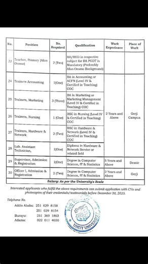 #ጥቆማ#UnityUniversityዩኒቲ ዩኒቨርሲቲ ለጠቅላላ ትምህርት እና ለቴክኒክና ሙያ ዘርፍ በተለያዩ የሙያ መስኮች ብቃት ያላቸው ባለመያዎች