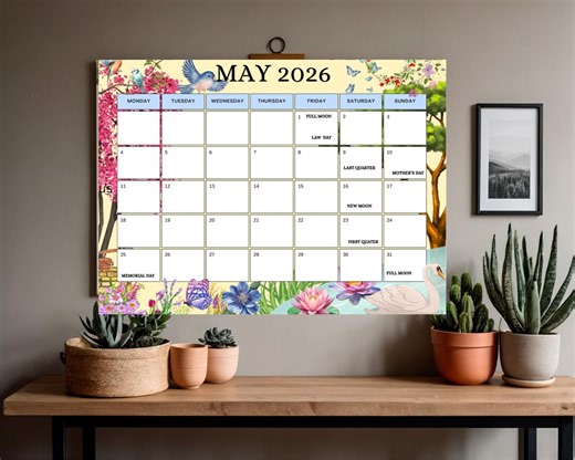 Editable May 2026 Calendar Monthly Planner for Kid School Work Office Spring Flower Calendar Printable Instant Download W/holidays Moon - Etsy UK