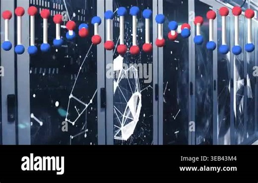 Animation of dna strand over server room. global technology, connections and digital interface concept digitally generated video Stock Video Footage - Alamy