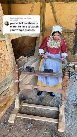 Replying to @hickory_switch *technically there’s one more step, hahaha. But for this video, Misti shows how the #flax is arranged, for #spinning into #linen thread, by combing the flax through the #hackles. Early humans used pointed bone for these combs—Bronze and Iron Age people just modified the earlier tools. Misti isn’t kidding about her tetanus shot, either!! The hackles are wicked #sharp. #frontierculturemuseum #findyourfrontier #fibertok #spinning #weaving #ancienttechnology #historictrad