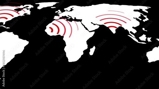 World Map with Red Signal Waves Indicating Global Connectivity and Communication Hotspots animation.Red signal waves spreading across a world map visualizing global data flow, wireless systems