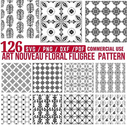 Art Nouveau Floral Filigree Seamless Pattern SVG Bundle for Crafts, Vintage Ornament Designs Instant Downloads - Etsy