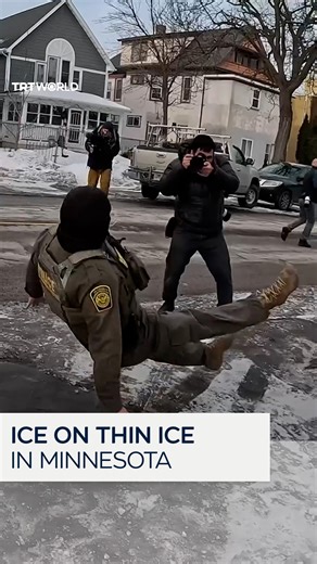 An ICE agent lost his balance and slipped on ice during an operation in Minnesota, US on January 11. Protests erupted across the US after the fatal shooting of 37-year-old Renee Good by an ICE officer on January 7. | TRT World