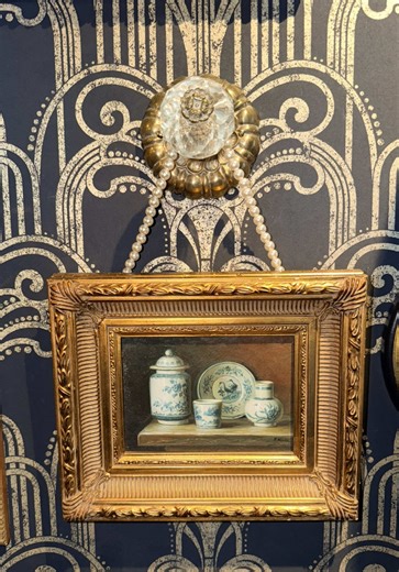 Don’t feel limited to hanging artwork the “traditional” way. Sometimes the most interesting walls happen when you get a little creative. Instead of a regular hook, I used vintage drapery holdback knobs as decorative anchors and draped the artwork using a curtain tie-back and a strand of pearls. It adds texture, movement, and a little drama, and turns the hanger itself into part of the design. Small details like this can make a gallery wall feel layered, collected, and a little unexpected. If you