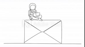 Animation of single continuous line drawing young astronaut sitting on giant email typing laptop. Send invitations to meet online with the team on earth discussing expedition. Full length motion