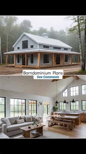Metal Building Homes on Instagram: "Explore this cozy barndominium’s bright, open living space in the woods! 🌲"