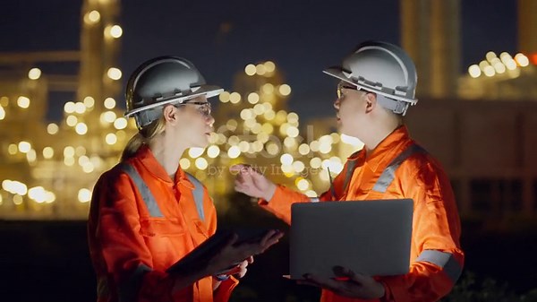 Male and female petroleum oil refinery engineer working to check...