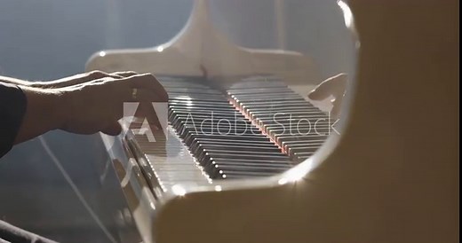 Mature man playing piano. Close-up of pianist's hands professionally play the grand piano