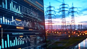 A power grid interface with a sleek design, featuring dynamic graphs of energy market trends and consumption analytics