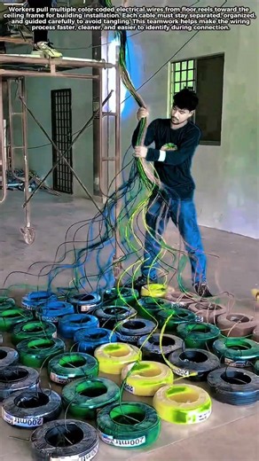 Electrical Cable Pulling: Workers Organize Color Wires Fast