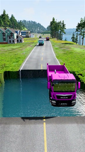 Dump trucks vs huge water pit #7 | #doubleflatbedtrailertruck_vs_speedbumps #doublespeedbumps