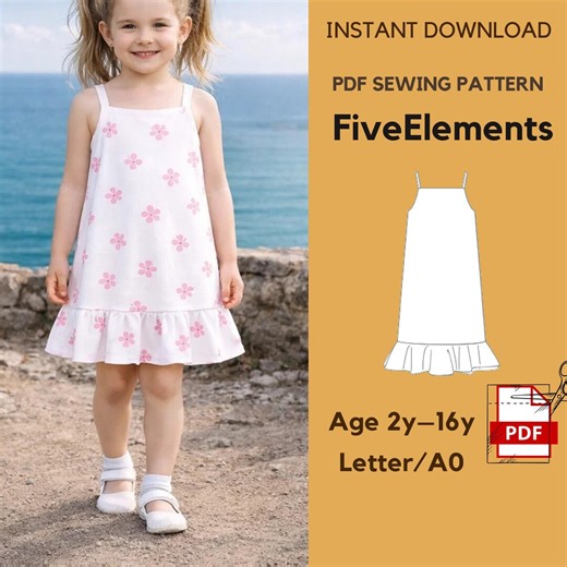 Girls Summer Dress Sewing Pattern PDF - Strap Dress With Ruffle Hem - Kids Sundress Pattern 2–16Y - Instant Download - Etsy