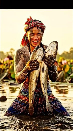 Extreme Mud Fishing! Fisherwoman Grabs a Massive Snakehead #handfishing #snakehead