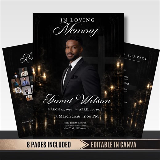 Luxury Funeral Program Template Canva Editable, Black Memorial Booklet, 8 Page Celebration of Life Program, Order of Service - Etsy