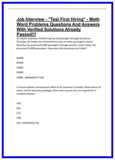 Job Interview Test First Hiring Math Word Problems Questions And Answers With Verified Solutions A