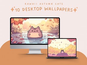 Kawaii Autumn Cats Desktop Wallpaper (digital Download) - Etsy