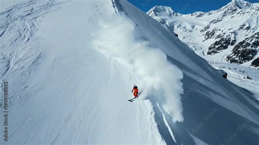 Skier carving turns down steep snowy mountain slope during beautiful winter day