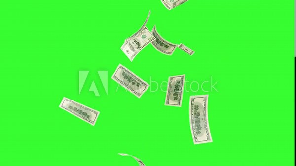 Raining money stock video 100 dollar over green screen chroma key background. 4K realistic dollars bills falling down animation. Falling Dollar partical, Banknotes money flying down animation.