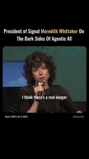 Deep Curates on Instagram: "Follow @deepcurates for daily such insights! In this talk, president of the Signal Foundation Meredith Whittaker warns that agentic AI systems pose serious privacy and security threats despite their convenience promises. These Al agents need extensive access to personal data and device permissions to perform tasks like booking tickets, scheduling events, and messaging friends. They require root-level access to browsers, credit cards, calendars, and messaging apps like