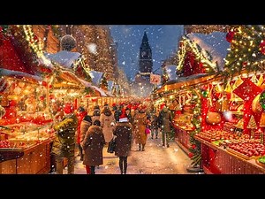 Cozy Christmas Market Ambience with Instrumental Christmas Music ~ Christmas Carols at Night