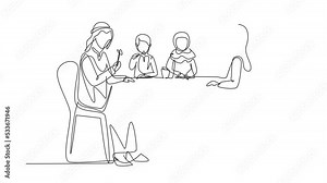 Animated self drawing of continuous one line draw Arabian family eating meal around kitchen table. Happy daddy, mom and two kids sitting eating healthy lunch in home. Full length single line animation