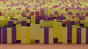 Loop 3d animation a lot of colorful cubes flying out and returning to square pipes. Wave motion of an array of objects. Abstract 3d animation