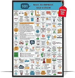 LOLUIS Mental Health Poster, Therapy Educational Supplies Art Print Classroom School Office Decor (101 Ways To Improve Self-Esteem, Custom Frame Type)
