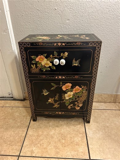 Vintage Chinese Black Wood Cabinet With Floral and Bird Designs, - Etsy