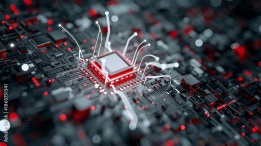 Computer chip is lit up in red. The chip is surrounded by a black background. Concept of technology and innovation