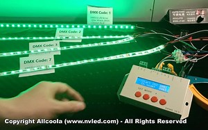 Allcoola验证多条DMX512幻彩灯带并联连接后使用写码器独立控制任意一条灯带