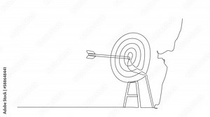 Animated self drawing of continuous line draw robot raised hand with fist gesture, arrow exact into target. Robotic artificial intelligence. Electronic technology. Full length one line animation