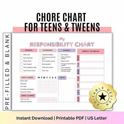 Editable Teen Chore Chart: Printable Responsibility Checklist (PDF & Canva Template) - Etsy