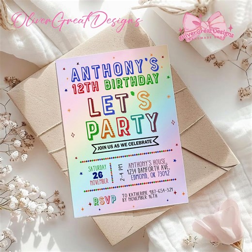 Custom Kids Birthday Party Invite, Colorful Birthday Invitation, Personalized Birthday Card, Custom Name Kid Birthday Invitation - Etsy