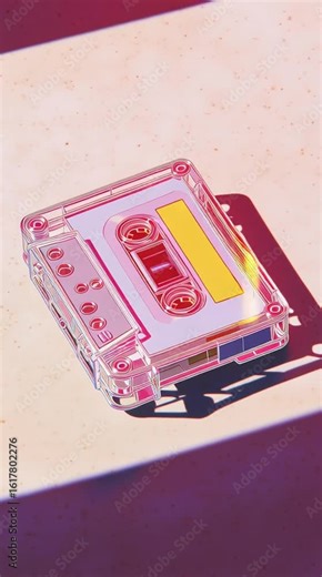 Nostalgia Sound: A vintage audio cassette tape, rendered with a pastel color scheme, casting a shadow under warm light, evoking memories of analog sound and the simplicity of a bygone era.