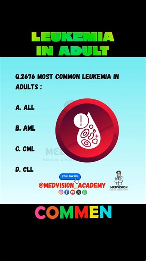 🩸 Leukemia in Adults Leukemia is a type of blood cancer that starts in the bone marrow 🦴 and leads to uncontrolled production of abnormal white blood cells ⚠️. 🔹 Types of Adult Leukemia Acute Myeloid Leukemia (AML) – most common in adults ⚡ Acute Lymphoblastic Leukemia (ALL) – less common in adults Chronic Myeloid Leukemia (CML) – associated with Philadelphia chromosome 🧬 Chronic Lymphocytic Leukemia (CLL) – common in elderly 👵👴 🔹 Risk Factors Increasing age ⏳ Exposure to radiation ☢️ Ben
