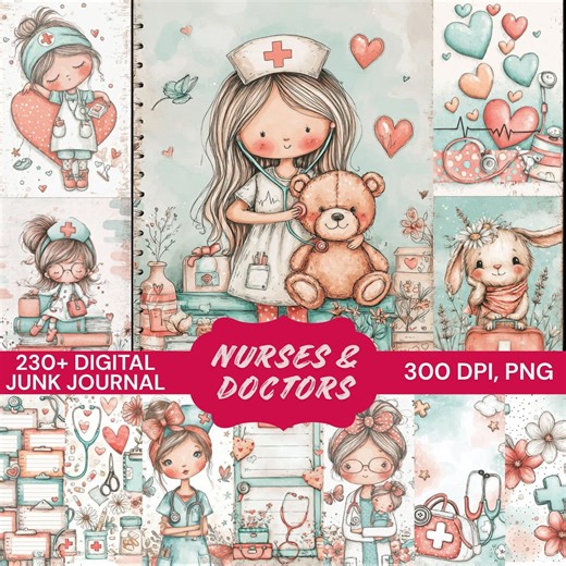 230  Cute Medical Junk Journal Pages, Watercolor Nurse & Doctor Ephemera, Soft Healthcare Digital Paper, Medical Planner PNG, 300 DPI Kit - Etsy