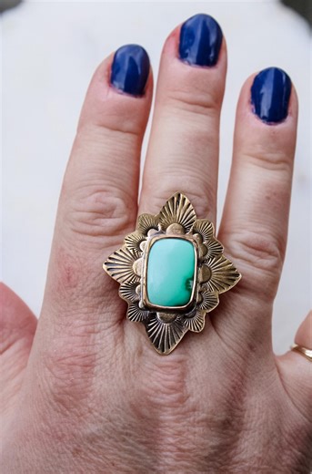 Black Bridge Variscite Brass Ring | Hand Stamped Statement Ring Size 9 - Etsy