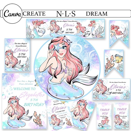 Mermaid Birthday Party Decorations, Canva Template (digital Download) - Etsy