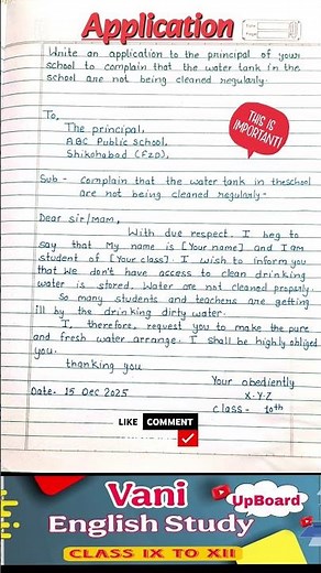 application for complain to principal for the water tank not being clean regularly ll class 10th