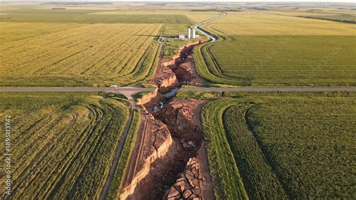 Cinematic 4k aerial drone footage showing a deep geological fault line tearing through rural farmland and severing a highway, illuminated by the warm, dramatic light of a late afternoon sun.