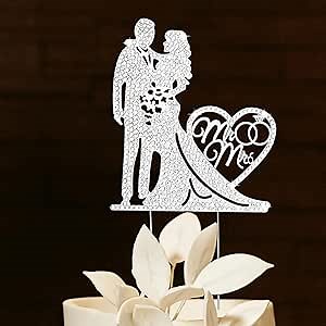 Wedding Cake Topper Rhinestone Metal Mr and Mrs Cake Topper Crystal Wedding Cake Decorations Bride and Groom Bridal Shower Theme Anniversary Party Silver Cake Topper