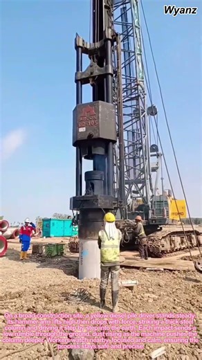 construction timelapse diesel pile driver driving column into ground