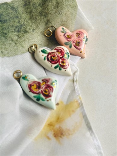 Handmade Ceramic Floral Heart Charms – Hand Painted Gold Luster – Necklace, Keychain & Bag Charm - Etsy